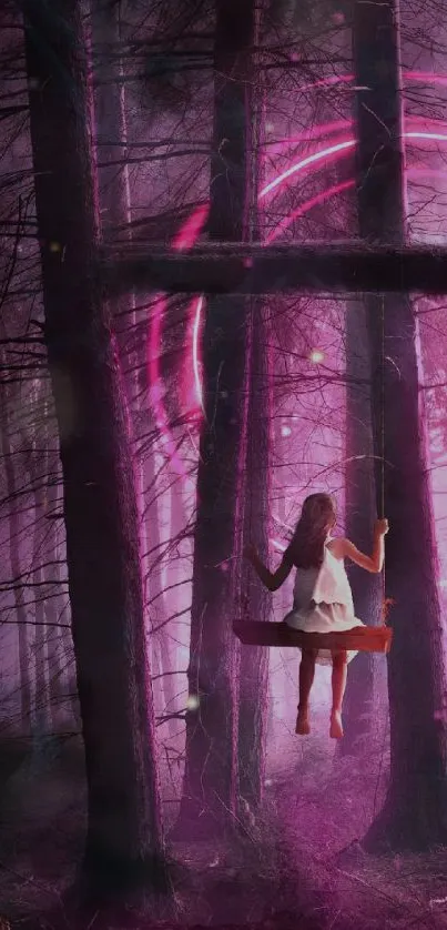 Girl on swing in a mystical purple forest.