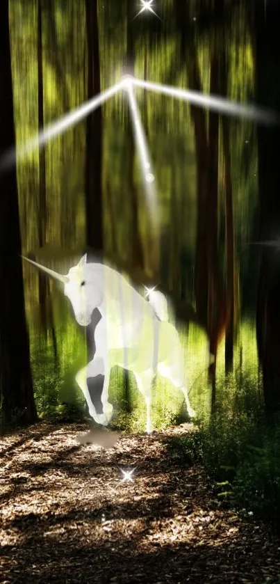 Ethereal unicorn in a sunlit forest with mystical light.