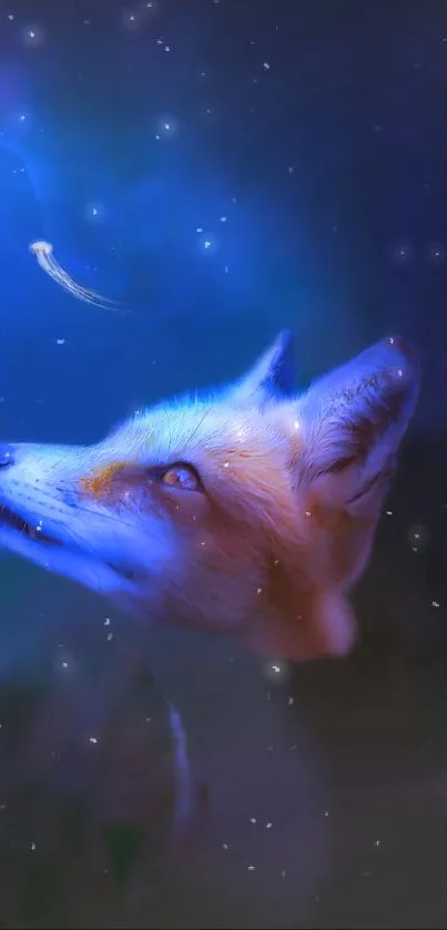 Ethereal digital artwork of a fox gazing at a glowing jellyfish.
