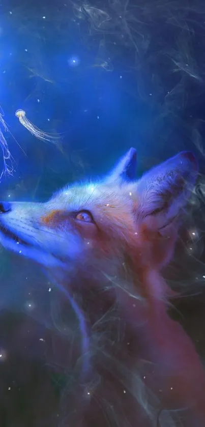 Ethereal fox gazing at jellyfish in night sky art wallpaper.