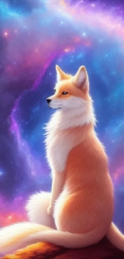 Ethereal fox sitting against a vibrant cosmic background in space.