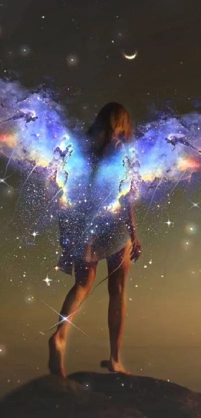 Ethereal figure with vibrant galaxy wings under a crescent moon at night.