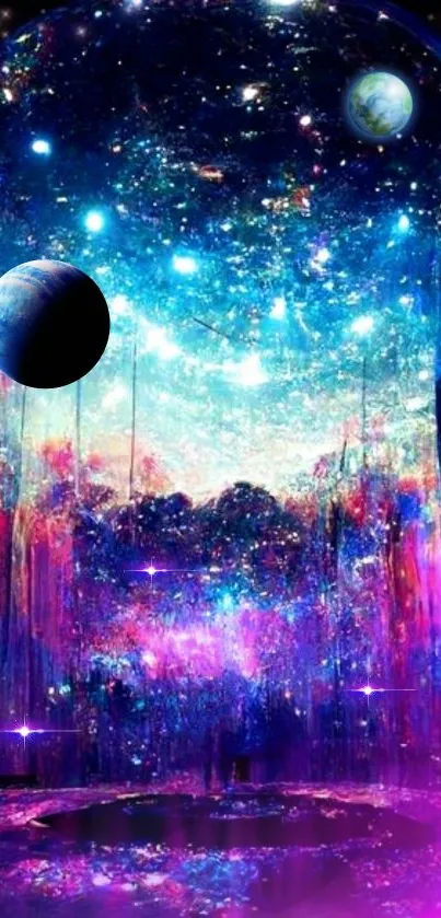 Galaxy-themed wallpaper with vibrant colors and cosmic design.