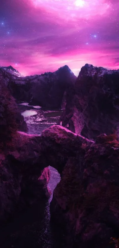 Ethereal canyon with purple galaxy sky.