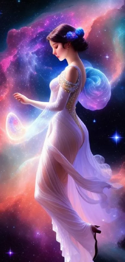 Fantasy artwork depicting a celestial goddess in a vibrant galaxy setting.