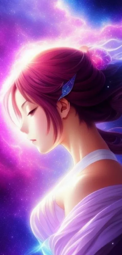 Ethereal girl in a purple galaxy-themed wallpaper.