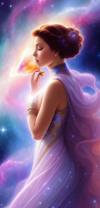 Ethereal goddess in a vivid galaxy setting with flowing purple dress.