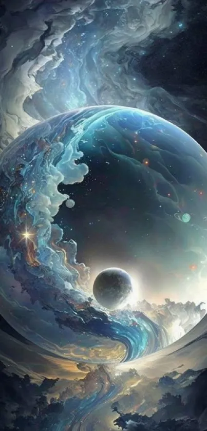 Ethereal galaxy wallpaper with cosmic swirl and planets.