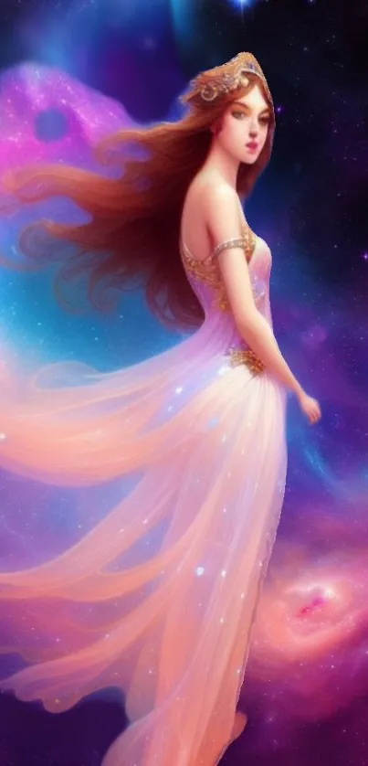 Ethereal princess in a flowing dress surrounded by a cosmic galaxy scene.