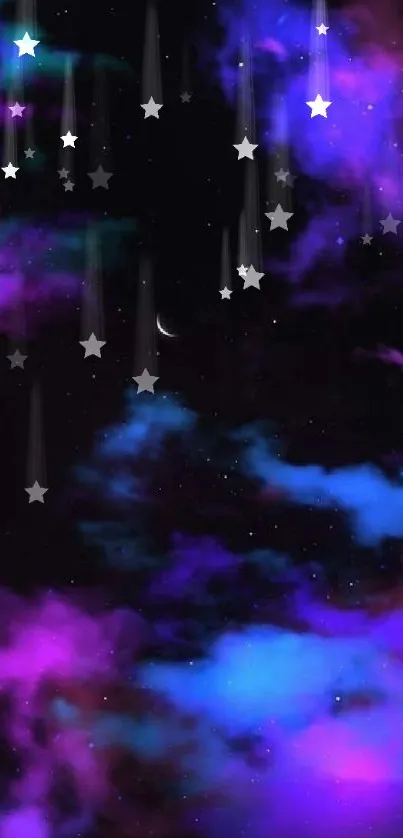 Ethereal galaxy wallpaper with purple and blue clouds against a starry sky.