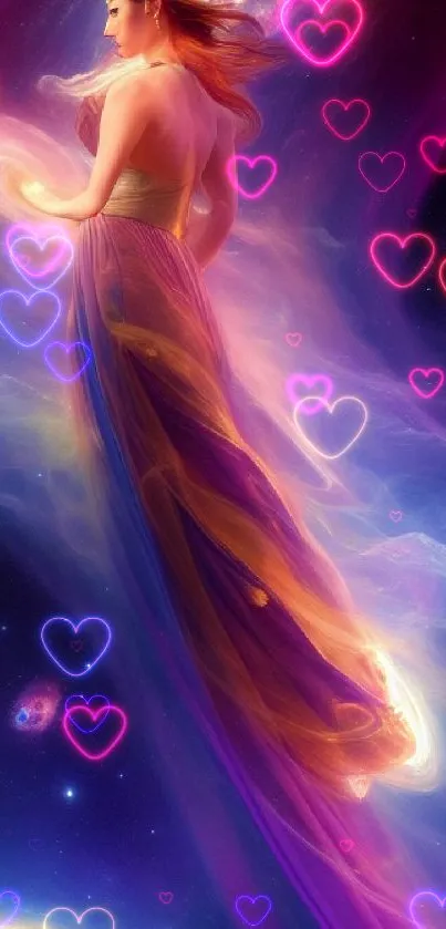 Beautiful cosmic woman in flowing celestial dress with vibrant colors.