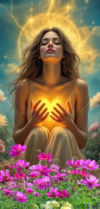 Woman in garden under glowing light.