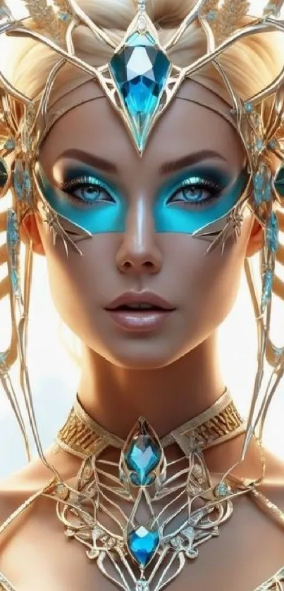 Ethereal goddess with blue gems and radiant eyes in a fantasy wallpaper.