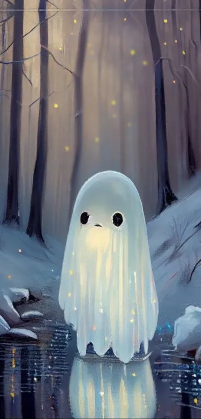 Ethereal ghost in a winter forest setting, reflecting in a tranquil stream.