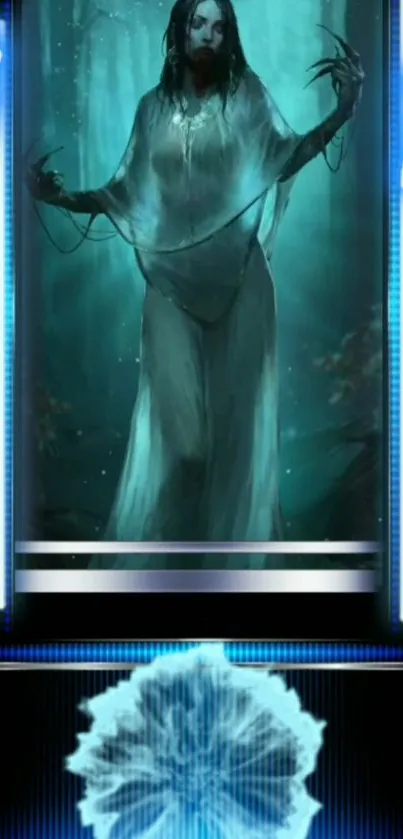 Ethereal ghostly figure with a blue glow in a mysterious phone wallpaper.