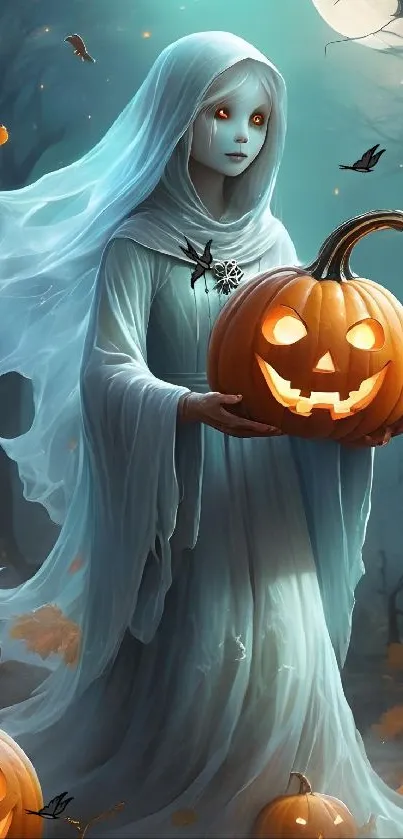 Ghostly figure holding a glowing pumpkin.