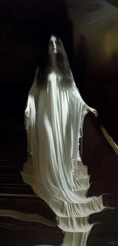 Ethereal ghost ascends a shadowy staircase in haunting art.