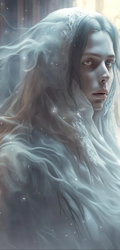 Ethereal ghostly woman in mystical setting wallpaper.