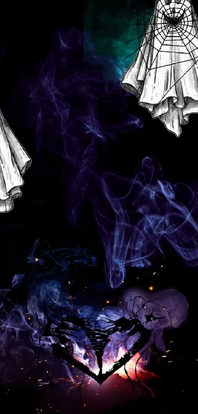 Ghostly wallpaper with smoking heart and purple swirls on dark backdrop.