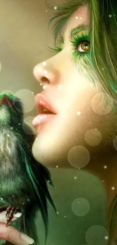 Fantasy art of green-haired girl with bird.