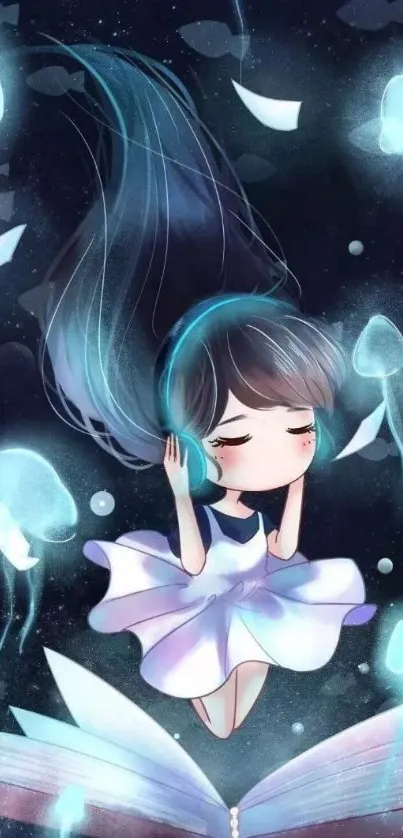 Whimsical wallpaper with a girl and glowing jellyfish.