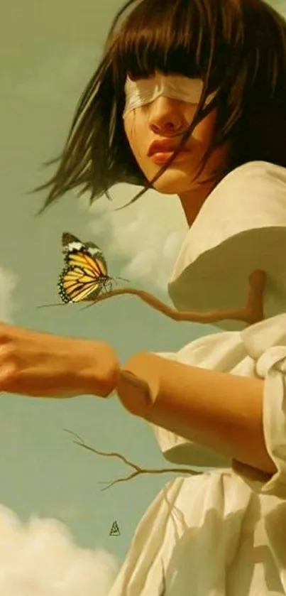 Ethereal girl with a butterfly in surreal art style on mobile wallpaper.