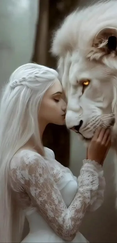 Woman in white with a white lion.