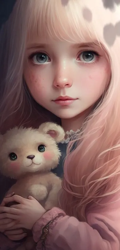 Ethereal girl with teddy bear in soft pink tones