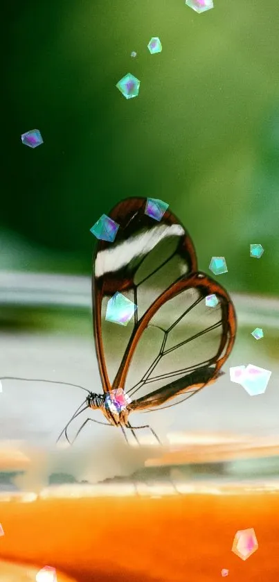 Ethereal glasswing butterfly with crystals in a green setting.