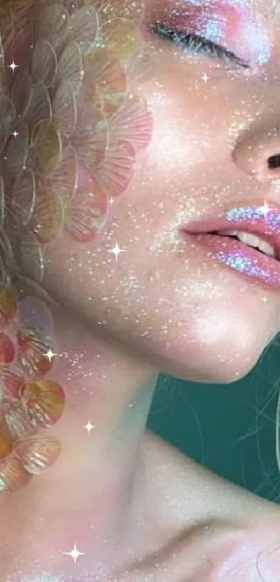 Ethereal woman with glittering scales and shimmering makeup on glowing skin.