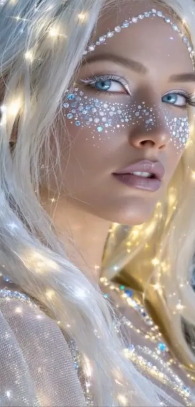 A portrait with glittering crystals and fairy lights.