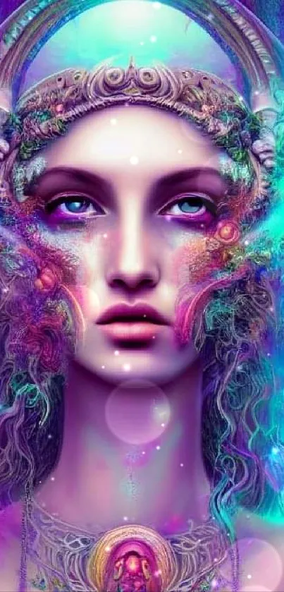 Ethereal goddess portrait with vibrant blue and purple hues.