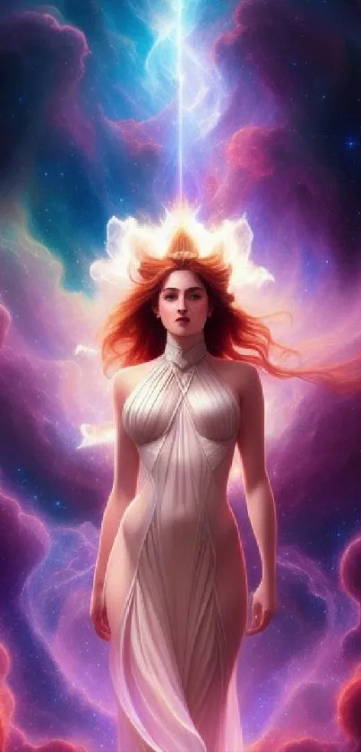 Ethereal goddess amidst cosmic clouds, vibrant colors.