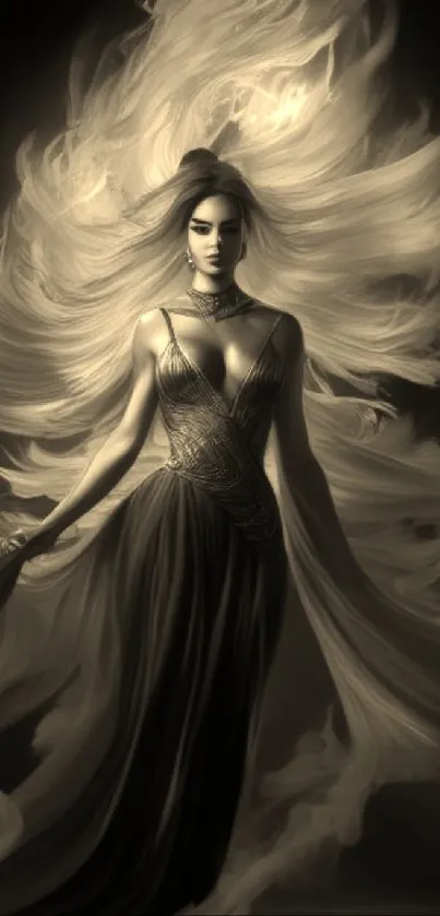 Ethereal goddess with flowing gown and striking celestial aura.