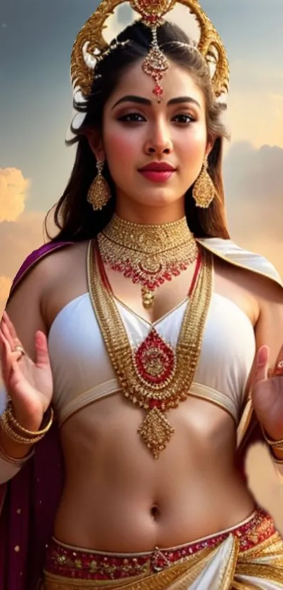 Ethereal goddess in traditional attire with golden jewelry against a cloudy backdrop.