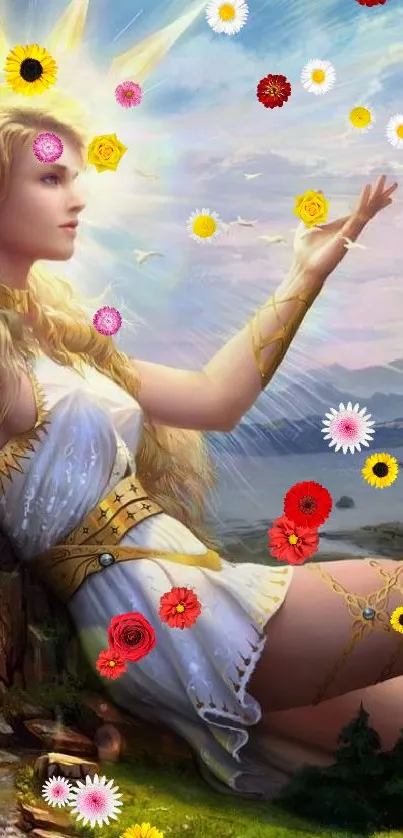 Ethereal goddess illustration with divine landscape.