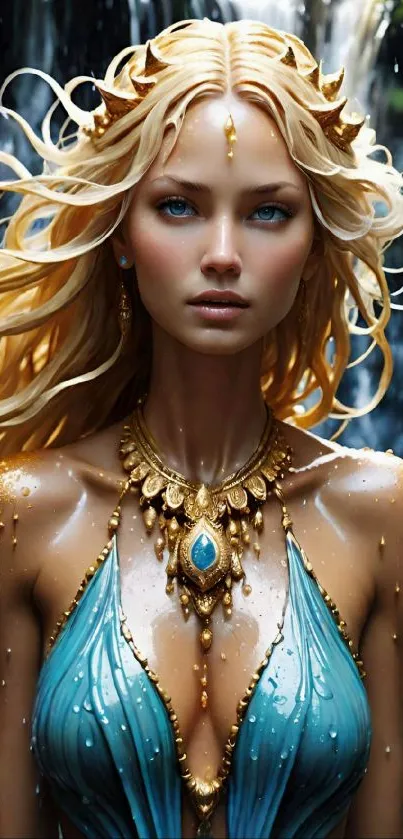 Goddess with flowing hair at a waterfall, jewelry adorned.