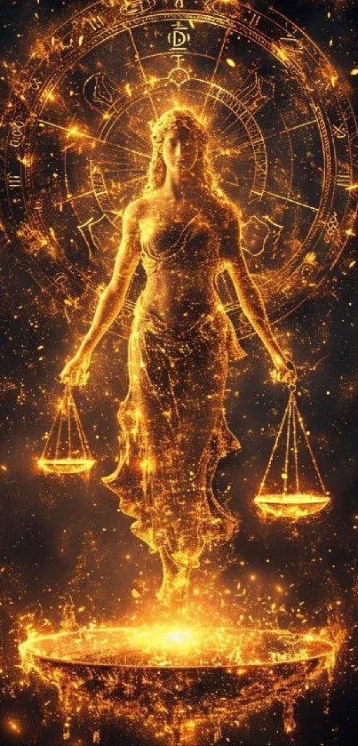 Ethereal golden figure of justice with scales on a starry background wallpaper.