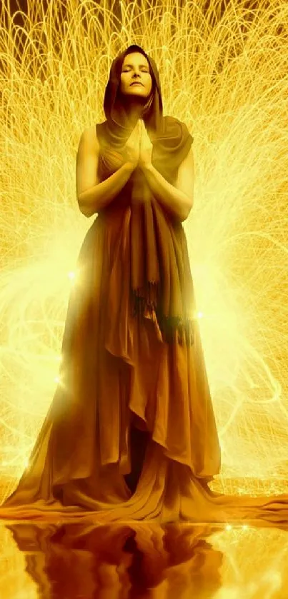 Mystical figure in golden light burst, ethereal mobile wallpaper.