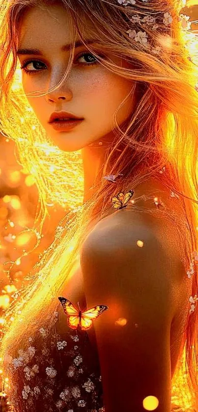 Ethereal portrait with golden light and butterfly.