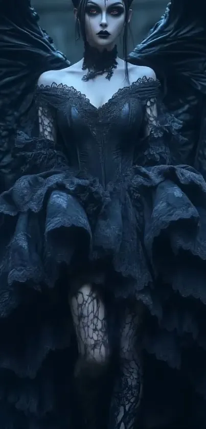 Ethereal gothic angel with dark wings in a captivating fantasy setting.