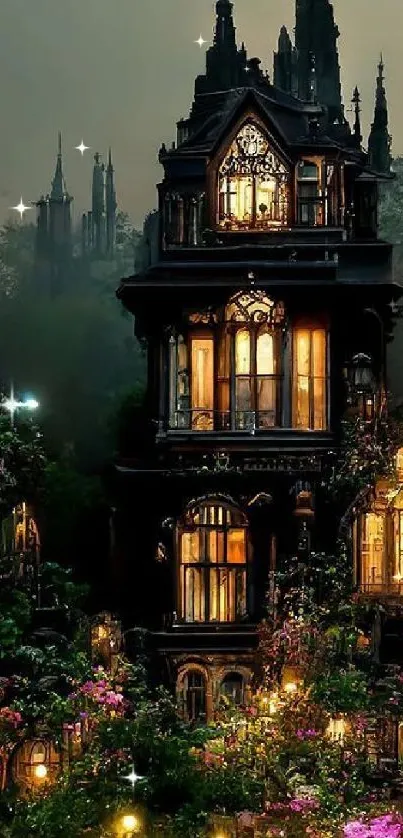 Gothic-style houses glowing in a mystical forest landscape.