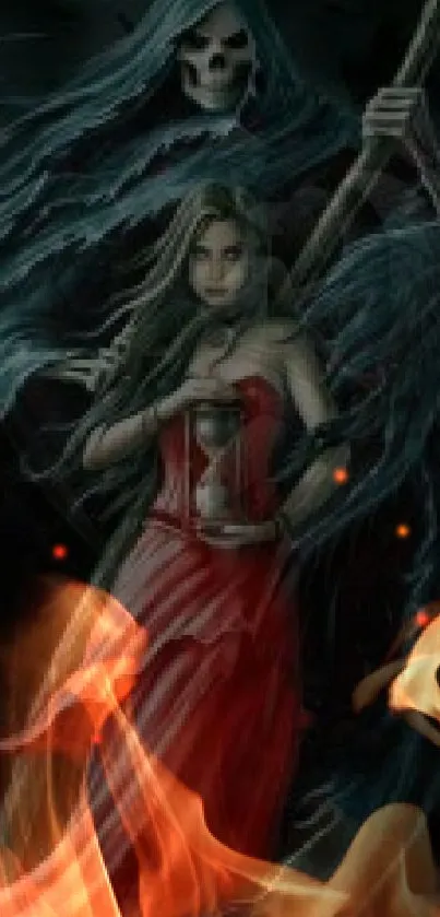 Gothic-themed wallpaper with a cloaked figure and fiery elements.