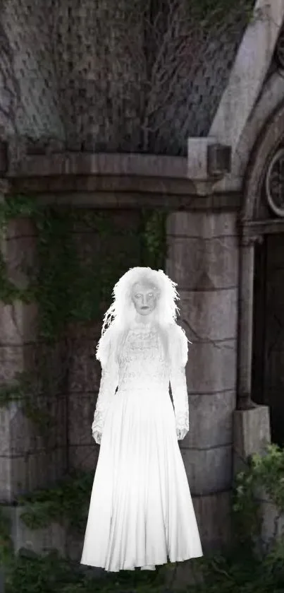 Gothic wallpaper with an eerie ghostly figure in white against a stone background.