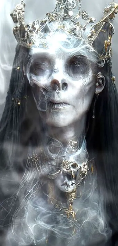 Gothic queen with skull motif and crown in dark, ethereal style.