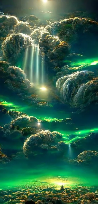 Ethereal green dreamscape with light rays and clouds.