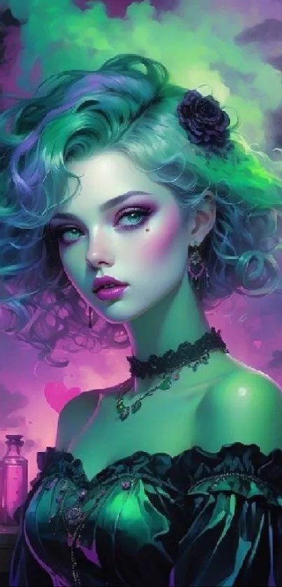 Ethereal fantasy artwork with green hues and vibrant fantasy elements.