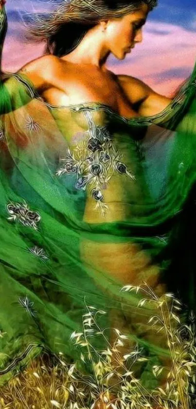 Ethereal woman in a flowing green scarf with a sunset background.