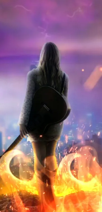 Ethereal scene with guitarist in flames and a dreamy skyline background.