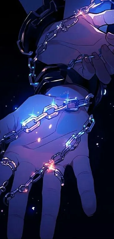 Hands bound by chains against a starry blue background with cosmic glow.